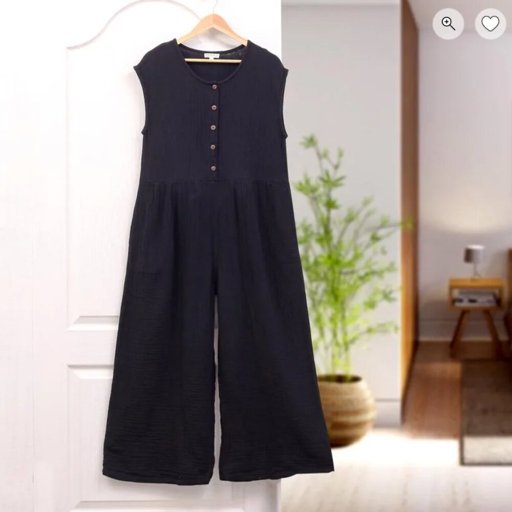 Novica Black Gauze Button Front Wide Leg Jumpsuit Size S Oversized Lagenlook